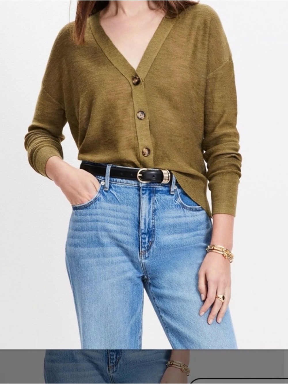 LOFT Olive Green V-Neck Button Wool Blend Cardigan - Size: Medium